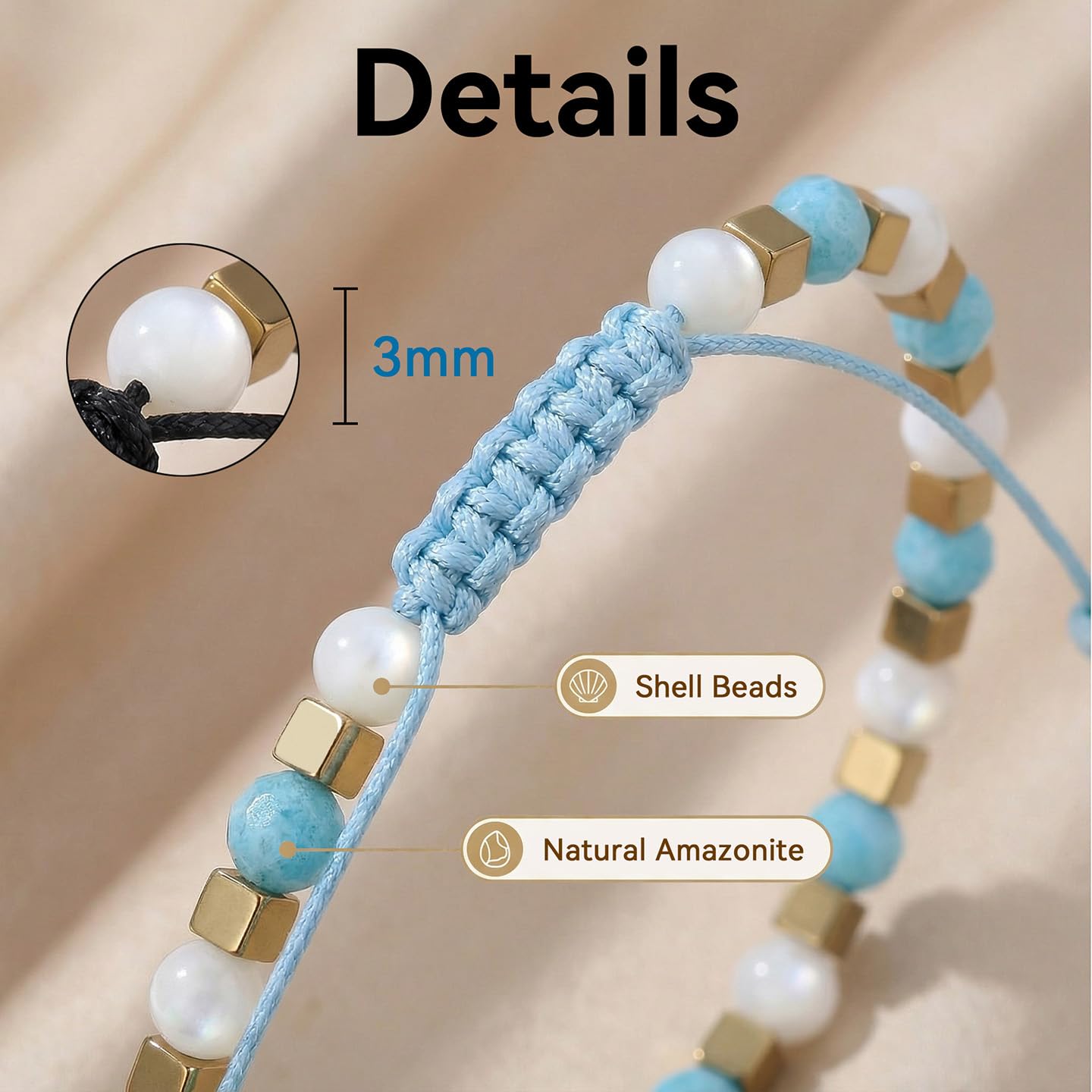 BEADSENER Green Amazonite Adjustable Charming Bracelet for Women, 3mm Natural Shell Gemstone Hematite Stone Beads, Pull String Slider Metal Free Design Waterproof, Gift for Her Daily Wear