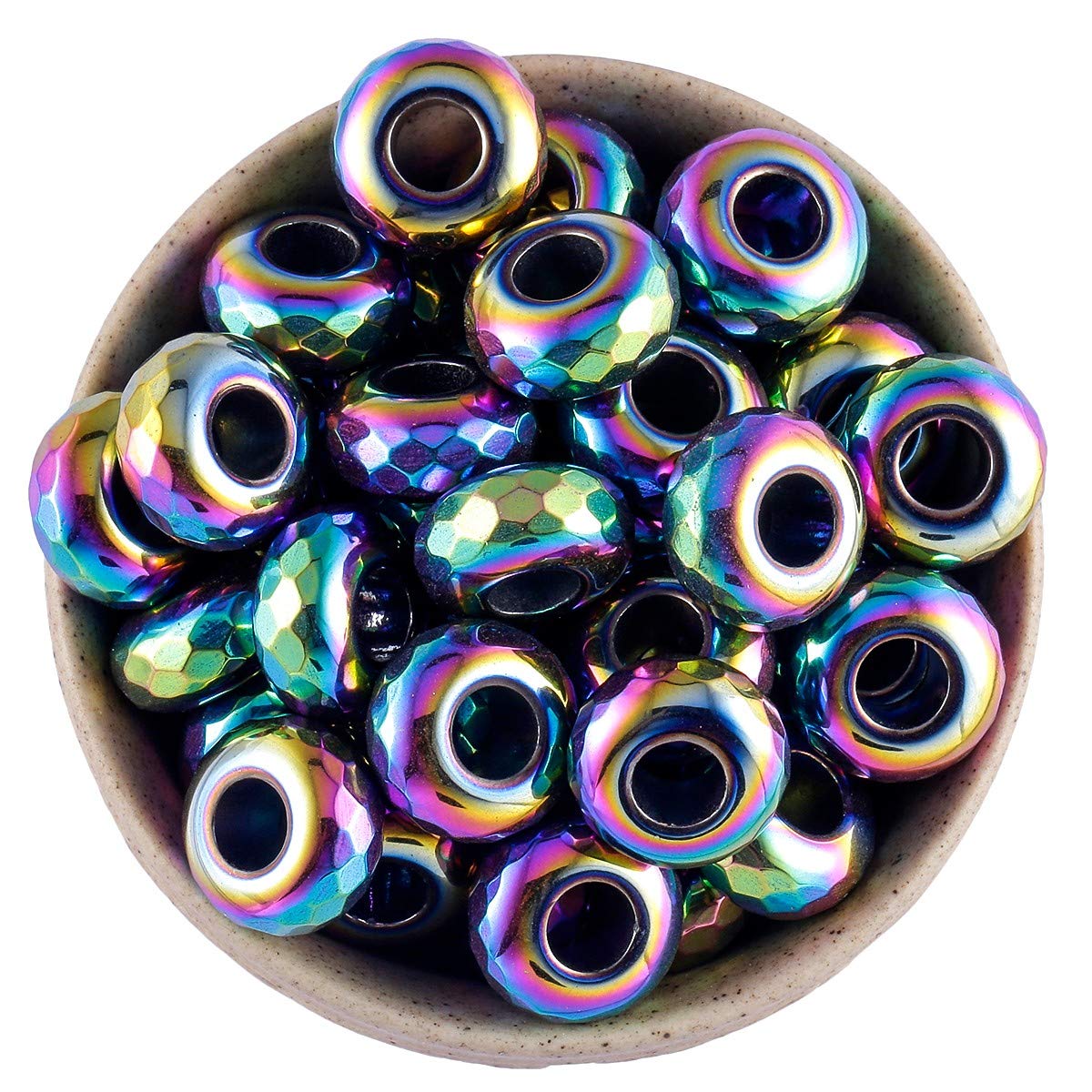 Nupuyai Large Hole Stone Faceted Loose Beads for Jewelry Making, Polished Titanium Coated European Beads fit Charms Bracelet Pack of 30