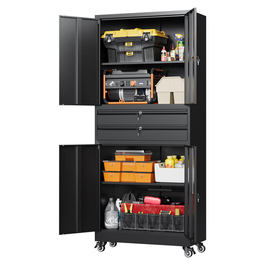 Letaya Metal Garage Storage Cabinet with Wheels,Rolling Tool Cabinet with 4 Door Lock-Adjustable Shelves and 2 Drawer for Garage Home Office Utility Room (Black with Wheels)