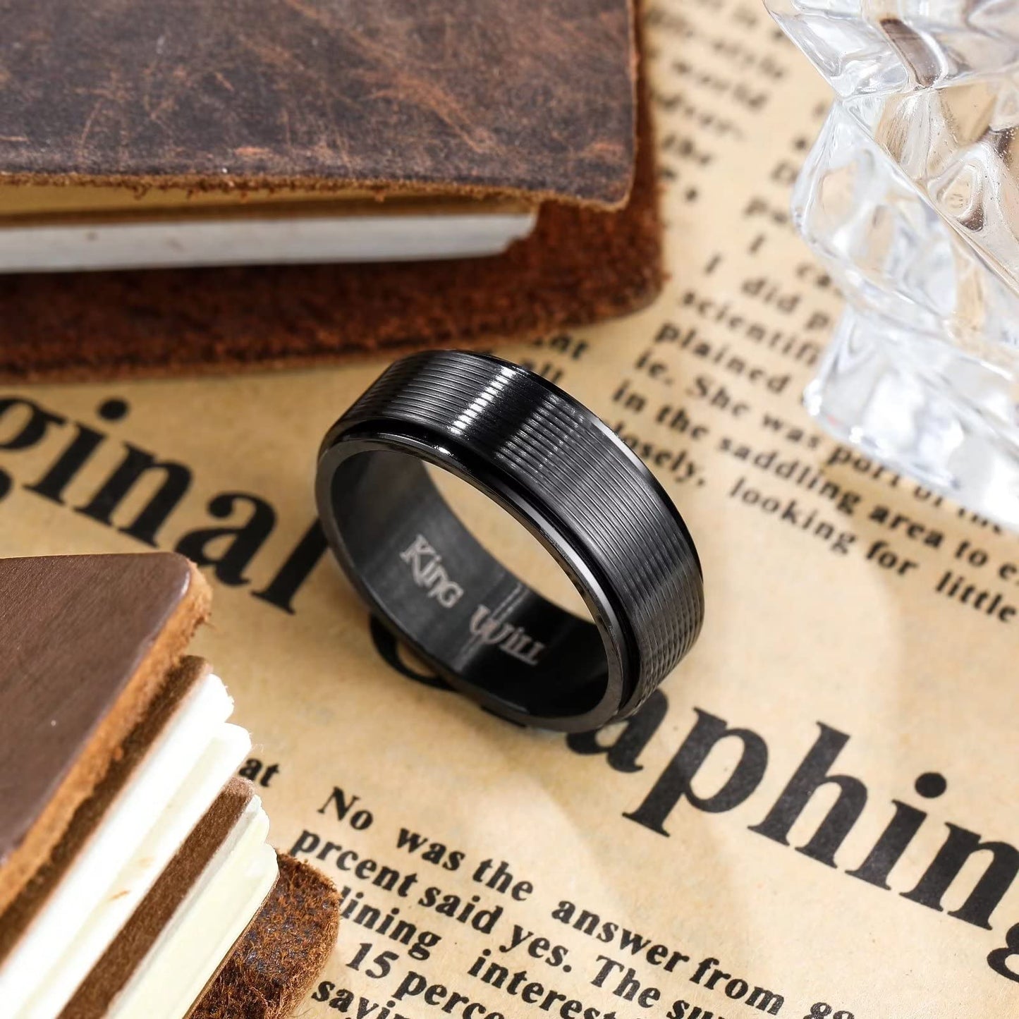 King Will Black Line Groove Mens Women 8mm Spinner Rings Stainless Steel Anxiety Fidget Ring for Women Men Polish Groove Wedding Band Fidget Ring Matte Brushed Comfort Fit 7