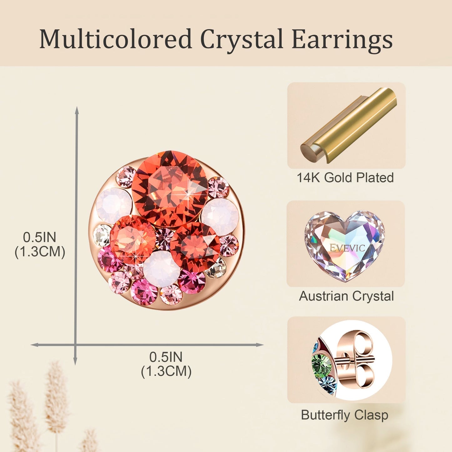 Multicolored Austrian Crystal Rhinestone Stud Earrings for Women Fashion S925 Sterling Silver Hypoallergenic Jewelry (Pink Red Crystals/Rose Gold-tone)