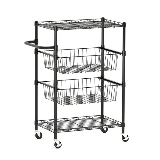 LinTimes 4 Tier Rolling Cart, 110 LB Capacity, Locking Casters & Handle Bar, Wire Storage Rack for Kitchen, Restaurant, Garage, Black