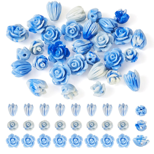 30Pcs Flower Carved Beads Cinnabar Carved Rose Beads Blue Shell Embossed Bead for Buddha Mala Necklace Bracelet Jewelry Making