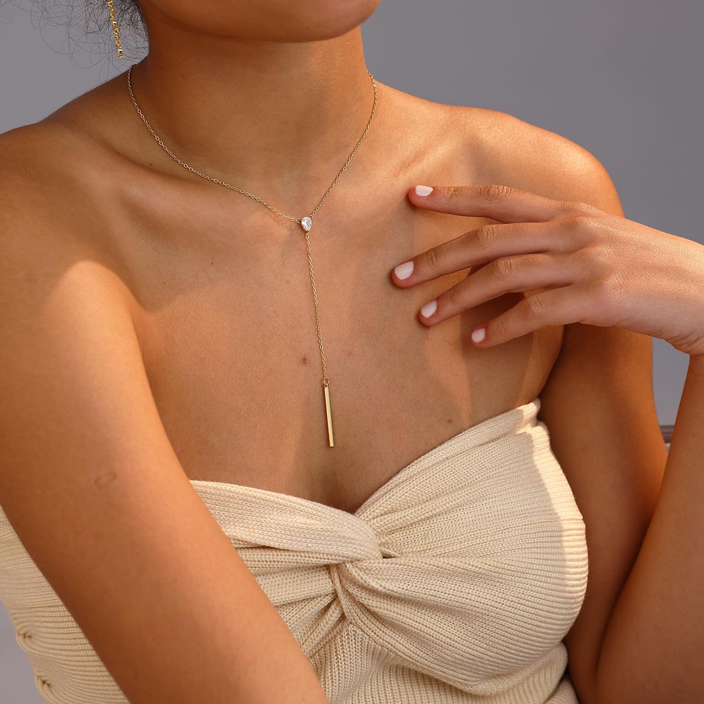 Fwlisesa Simple Necklace for Women, 14k Gold Plated Bar Lariat Necklace Dainty Long Necklaces Fashion Thin Chain Necklace Cute Y-Shaped Pendant Necklace Waterproof Jewelry for Women