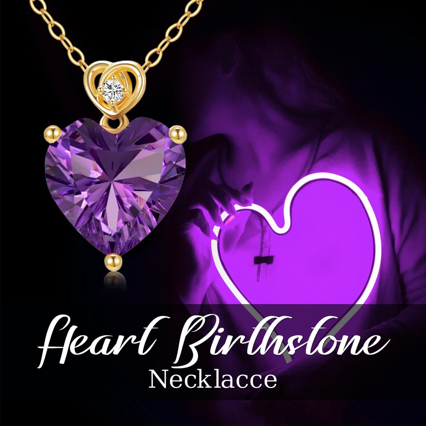 NFYBD 14k Gold Love Heart Amethyst Birthstone Pendant Necklace for Women 3 Carat Heart-cut Created Gemstone Anniversary Birthday Mother's Day Necklaces for Her 16+1+1 inch-Feb