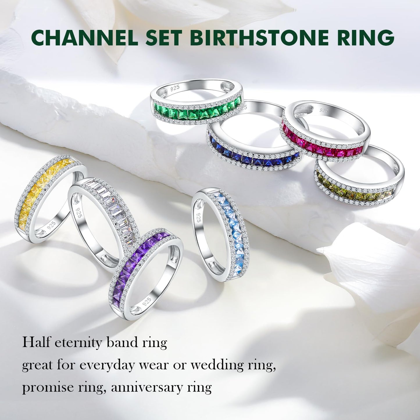 RANDES Blue Topaz Ring 925 Sterling Silver Half Eternity Band Rings for Women Channel Set December Birthstone Ring Size 7