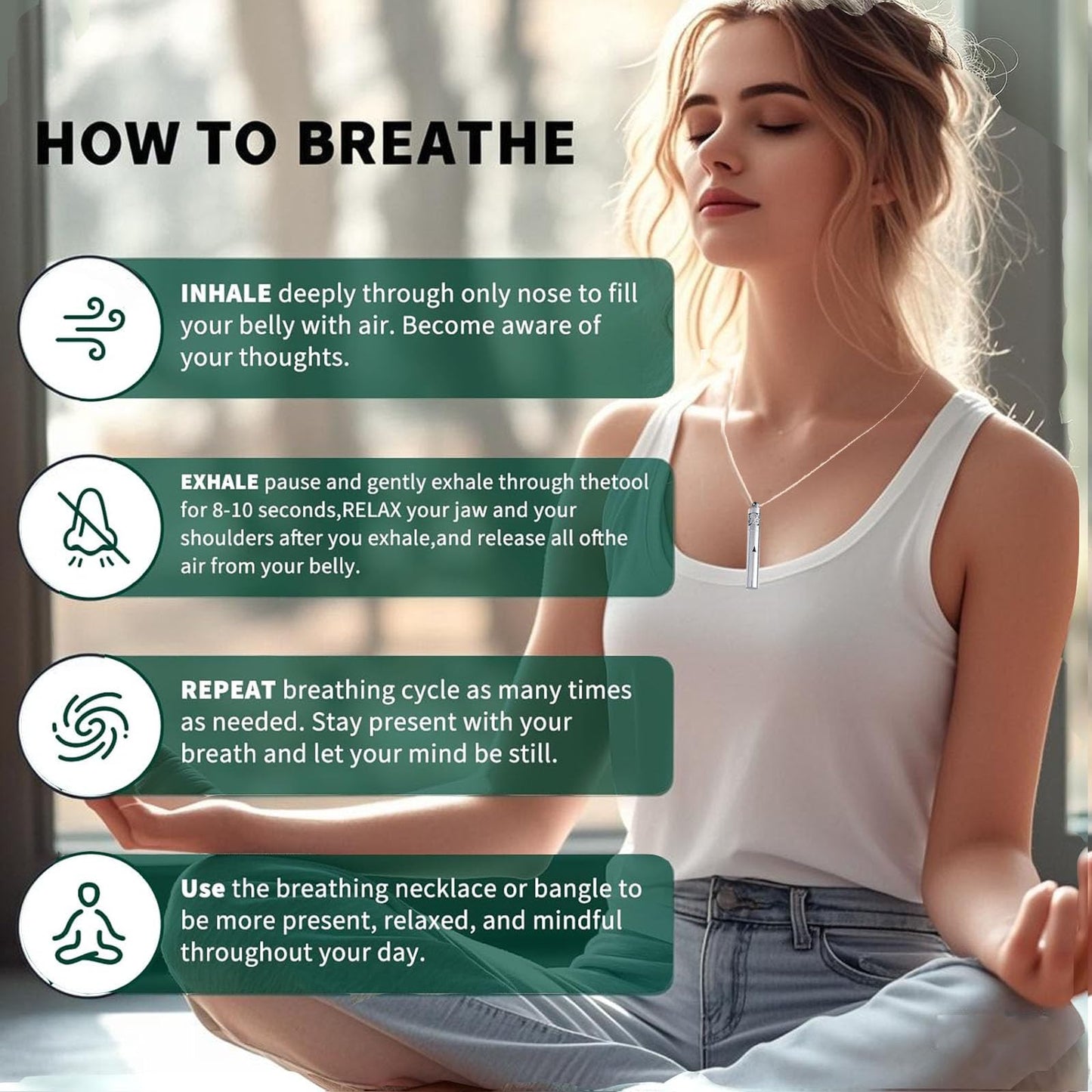 phaxud Stainless Steel Mindfulness Breathing Necklace for Anxiety Original Upgrades Quit Smoking Necklace with Essential Oil Diffuser Multifunctional Jewelry (D)