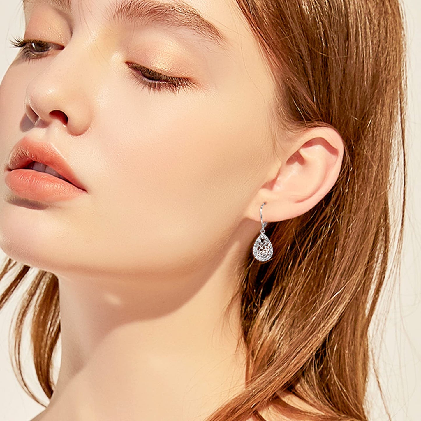 SHAOAN 925 Sterling Silver Filigree Dangle Drop Earrings Flower Rose Leverback Teardrop Earrings for Women Jewelry for Mother’s Day