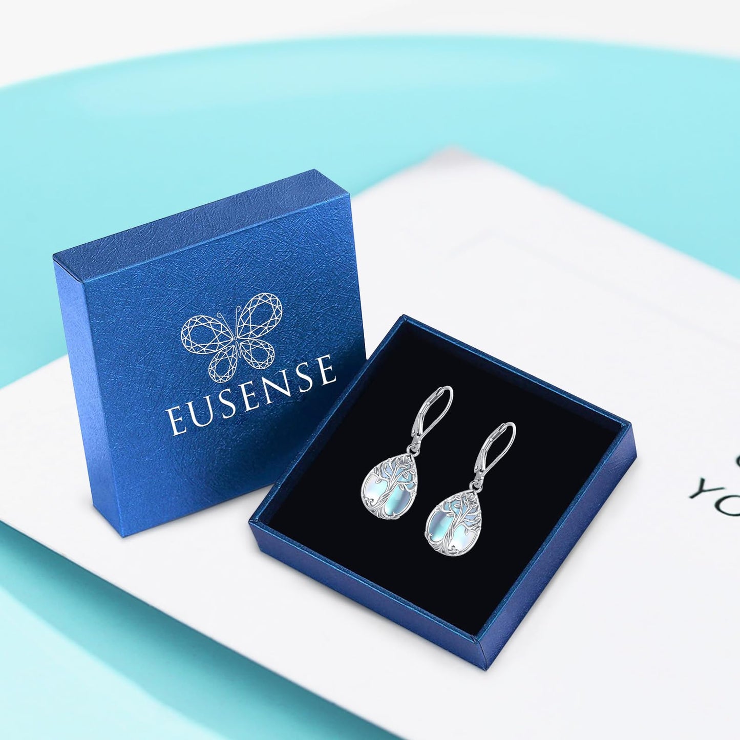 Eusense Tree of Life Earrings Sterling Silver Moonstone Earrings Teardrop Leverback Dangle Sterling Silver Jewelry for Women Elegant Nature Inspired Moonstone Jewelry