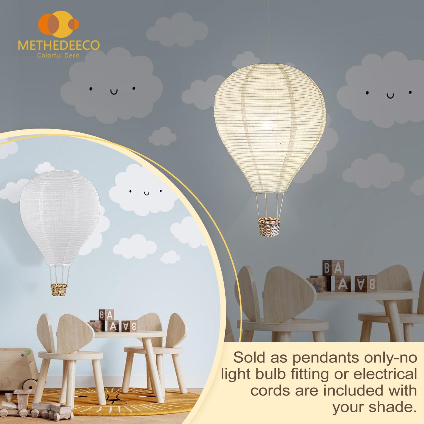 METHEDEECO 2PCS Hot Air Balloon Lamp Shades, 14" x 21.5" Handmade Faux Linen Decorative Shade for Nursery Hanging Ceiling Decor for Baby Room Kids Room Playroom, White Decorative Pendant Shades Only