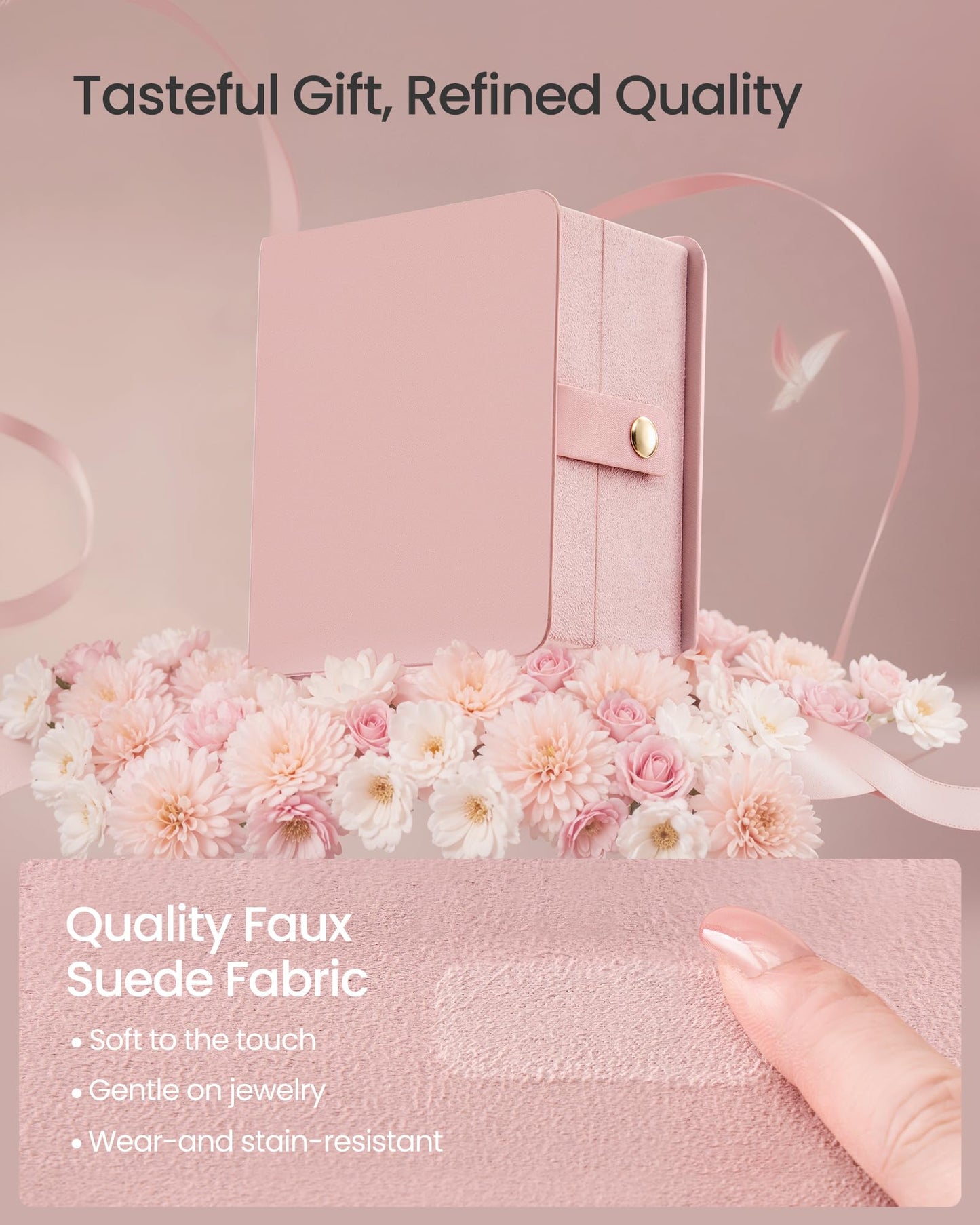 SONGMICS Jewelry Box Organizer with Mirror, Travel Jewelry Case with Pocket for Bracelet, Interlayer, 4.6 x 5.2 x 2.8 Inches, Portable, Book Design, Faux Suede Lining, Gift Idea, Jelly Pink UJBC189R01