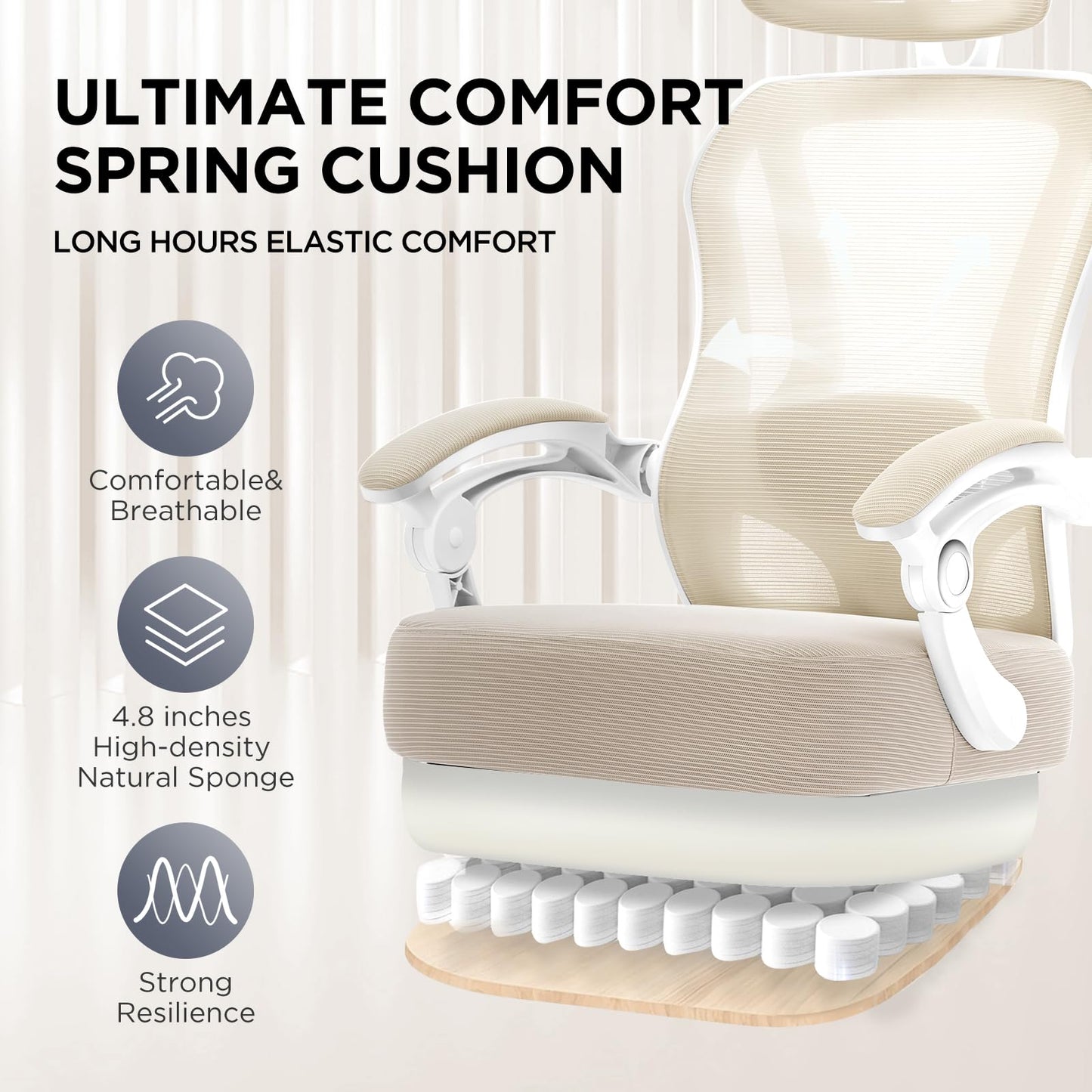 Ergonomic Office Chair with Footrest,Ultra Thick Reclining Desk Chair with Adjustable 2D Lumbar Support and Headrest,Spring Cushion,High Back Premium Mesh Computer Chair,Cream