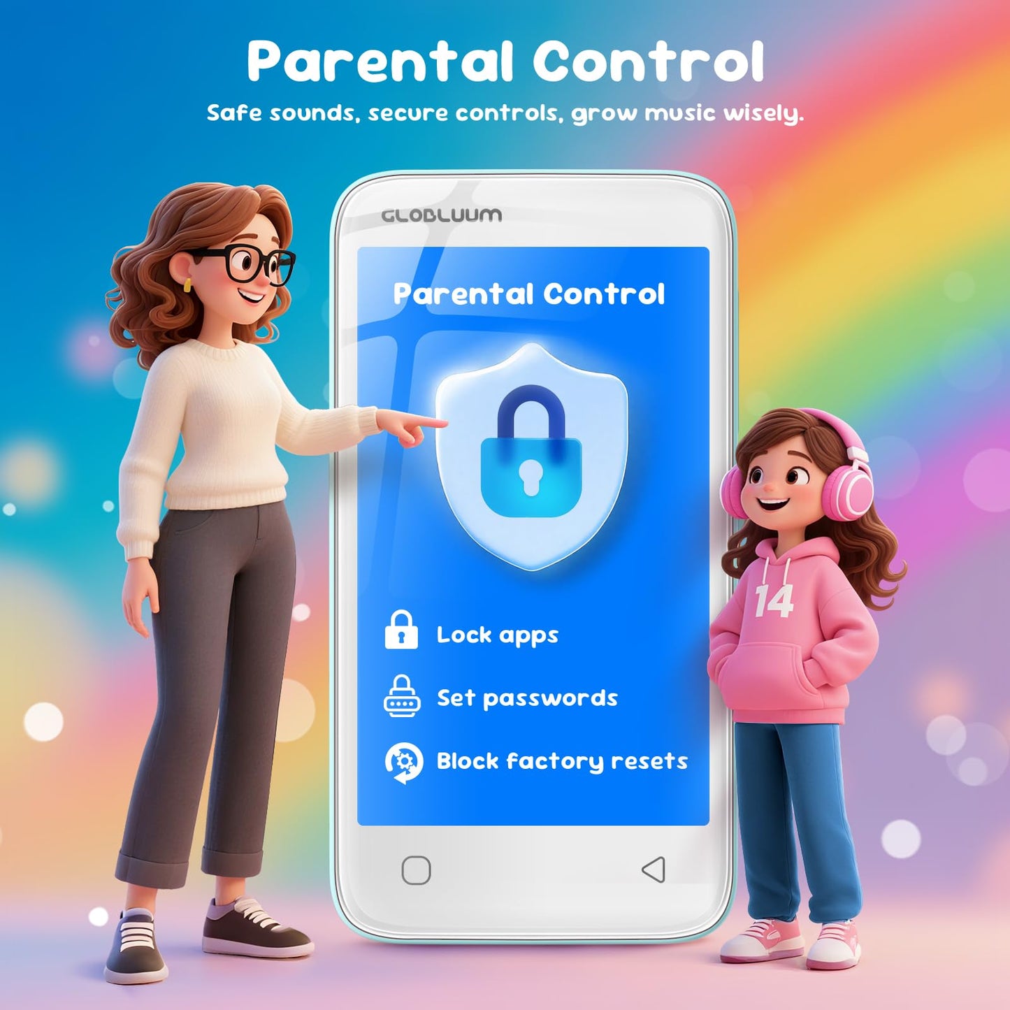 Globluum 80GB MP3 Player for Kids, Parental Controls, Supports Spotify Kids, Audible, LibriVox, Amazon Music and Kindle:Safe Android MP4 Player Gift with 4" Touchscreen, WiFi and Bluetooth(Blue)