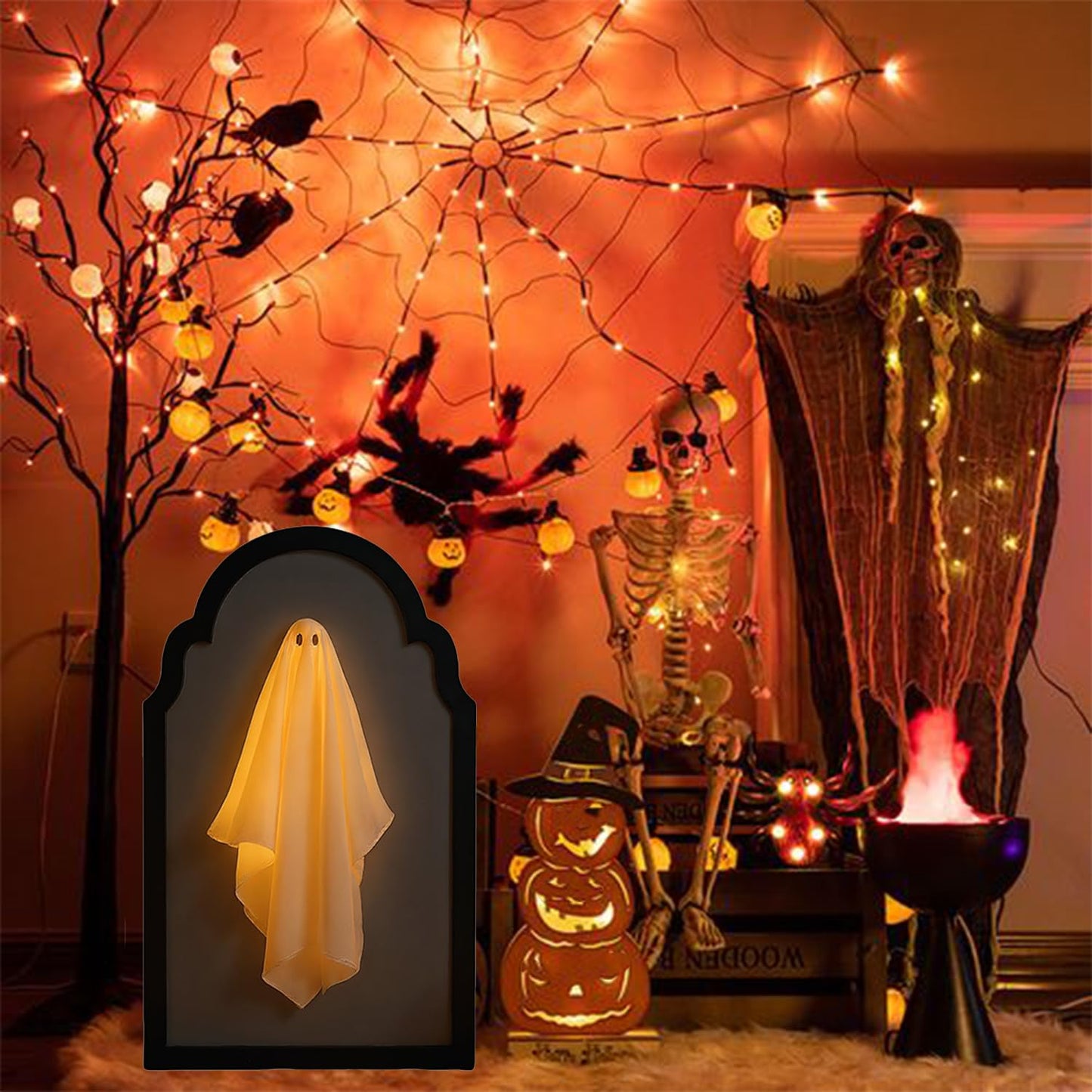 QIPECO Halloween Hologram Ghost Mirror with Creepy Eyes Night Light,Halloween Ghostmirror Spooky Halloween Haunted House Decor,Black Wood Frame (S)
