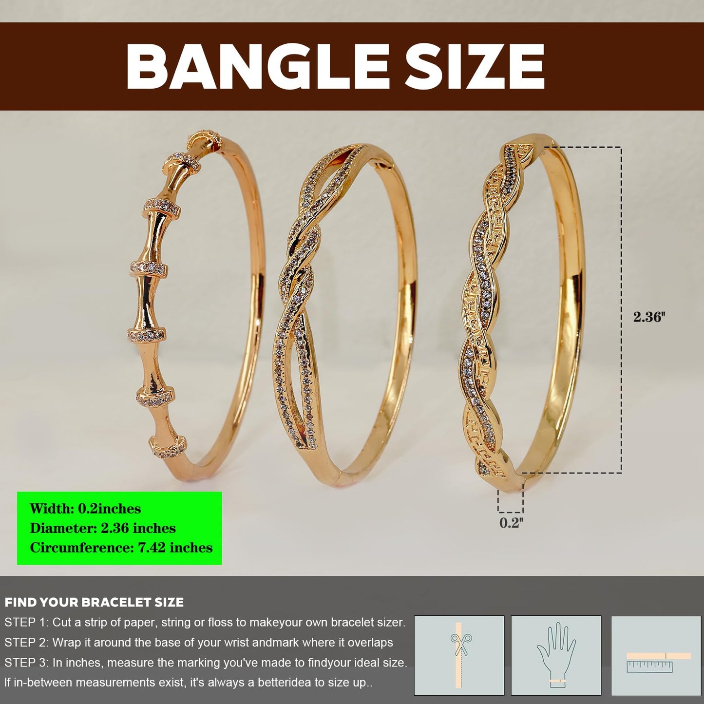 FIVESWEET 3PCS Gold Bangle Bracelet Set for Women, Copper Inlaid with 3A Zircon, Stackable Trendy Jewelry, 2.4 Inch, Great Gift for Her Girlfriend Wife Mom Sister Lover on Birthday Christmas Valentine's Day Mother's Day (Bamboo Joint & Twisted Rope)