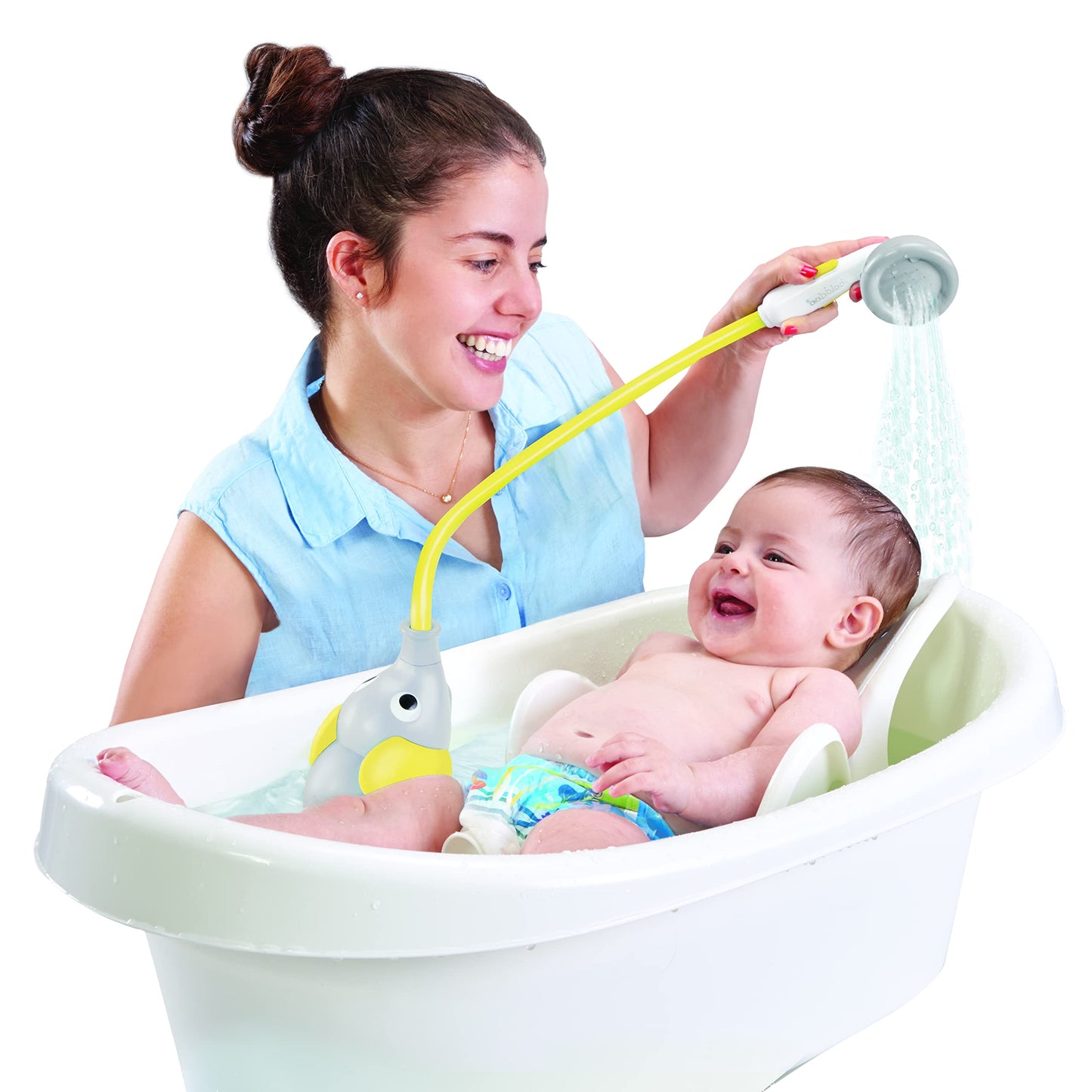 Yookidoo Baby Bath Shower Head - Elephant Water Pump and Trunk Spout Sprayer and Rinser-Control Water Flow from 2 Knobs Baby Bath Time Essentials for Newborn Babies in Tub Or Sink (Yellow)