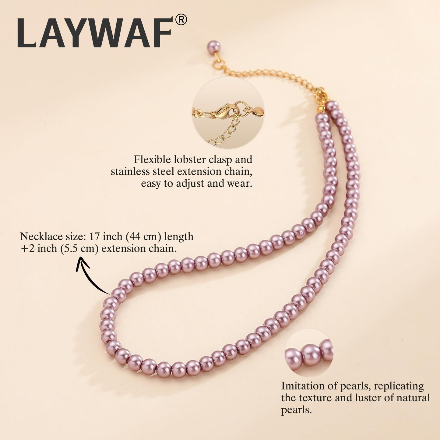 LAYWAF Imitation Pearl Necklaces for Women, Purple Fake Pearl Choker Necklace, 6MM Beaded Necklace, Costume Faux Pearl Jewelry, Wedding Mom Necklace