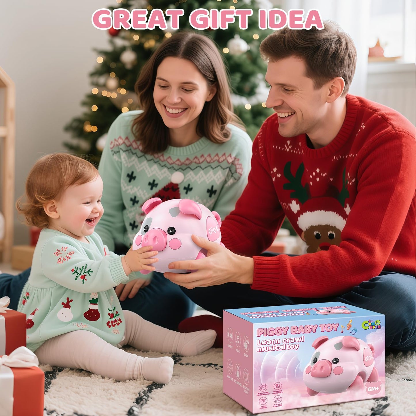 Baby Musical Toy for 6-12-18 Months, Musical Piggy Toy for Toddler 1 Year old Baby Girl, Infant Crawling Light Music Toys for Tummy Time Development, 1st Birthday Gift for Boy 7 8 9 10+ Month