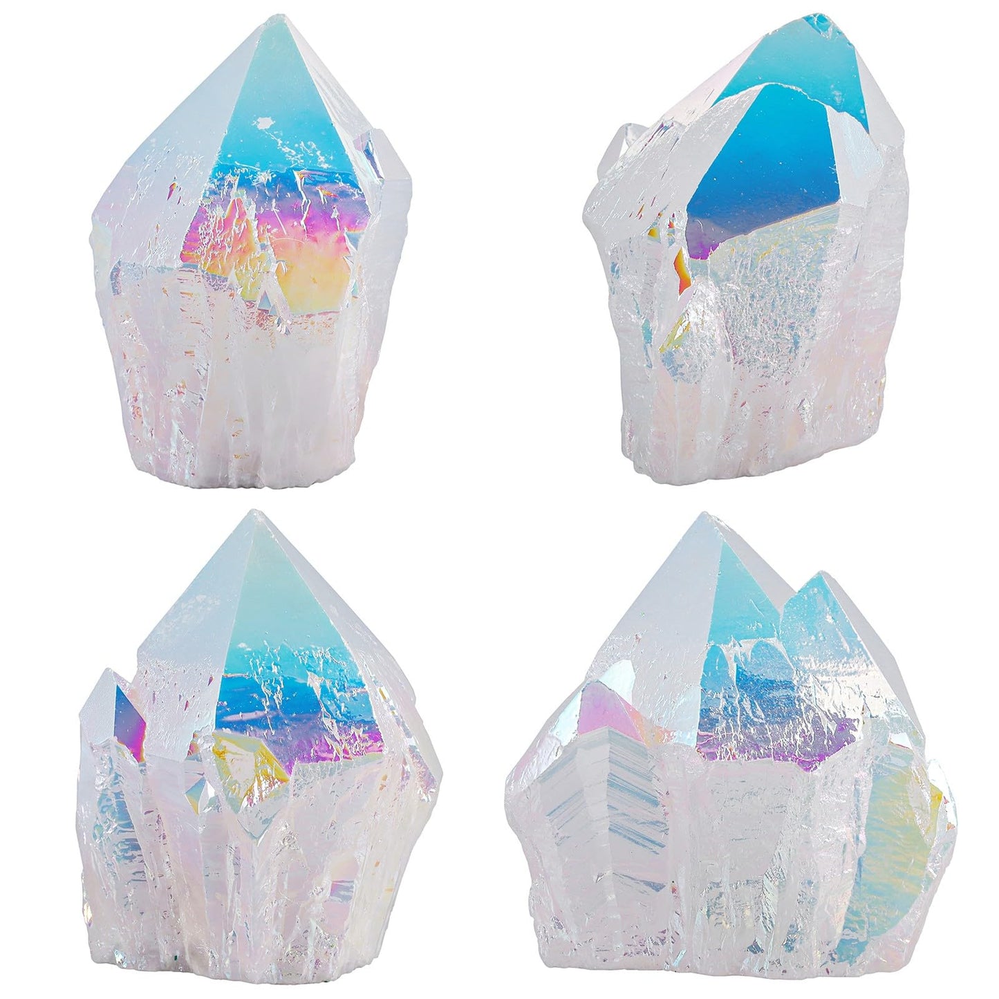 mookaitedecor Angel Aura Quartz Natural Rock Quartz Titanium Coated Crystal Points, Geode Rocks Crystal Cluster Stone Specimen for Meditation Home Decor, White