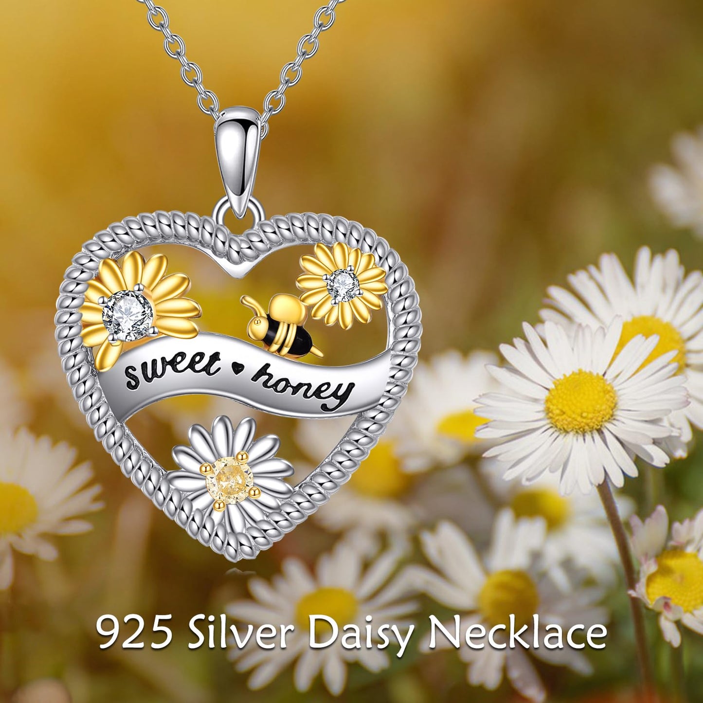 LUHE Bee NecklaceSterling Silver Daisy Flower Pendant Necklaces for Women Bee Jewelry Christmas Gifts for Women