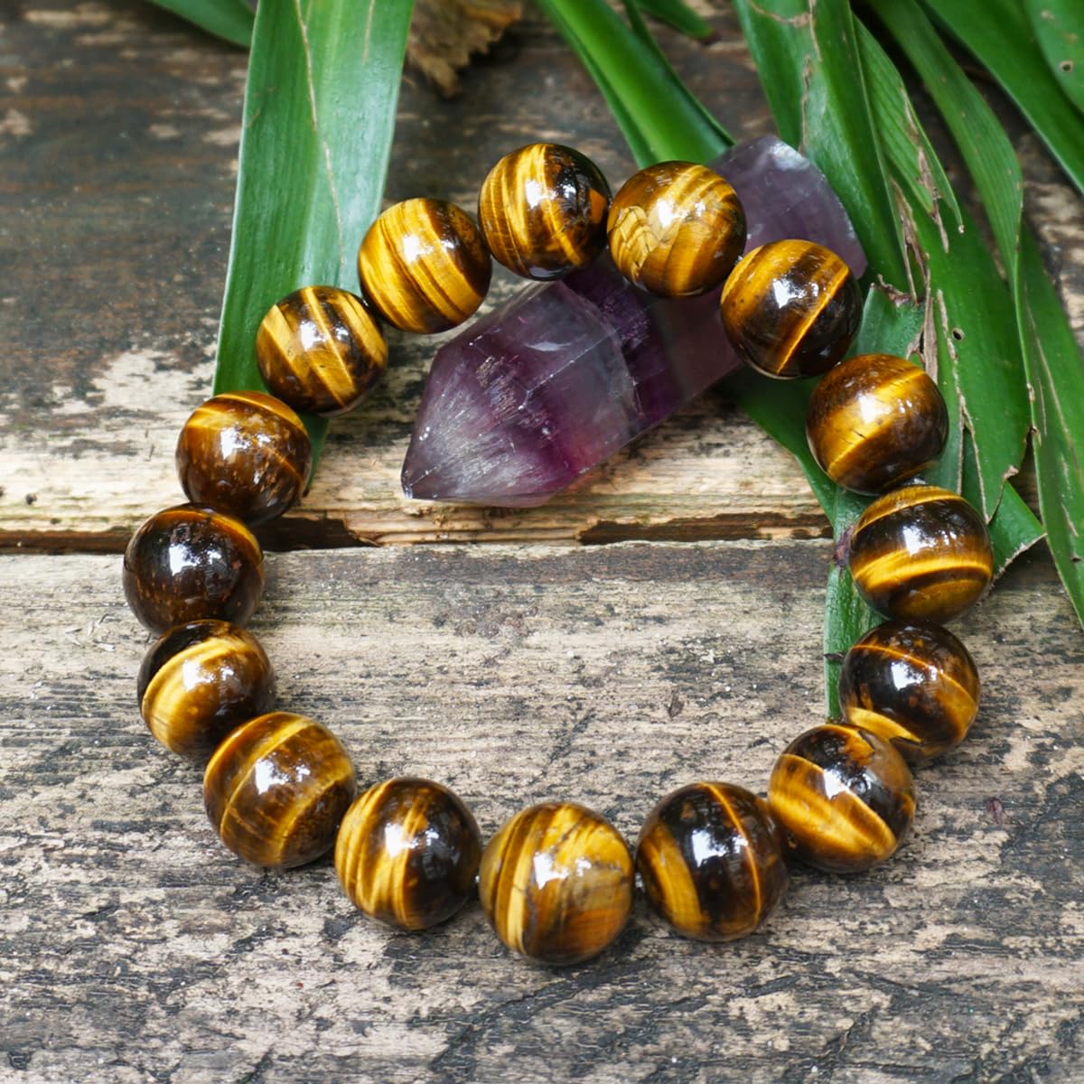 TaHLga Tigers Eye Mens Bracelet 14MM with Golden Brown Cats Eye | Fits for About 8" XLarge Wrist | Natural Solar Plexus Chakra Gemstones | Bring Luck Wealth Courage | Protection from Evil | Gift
