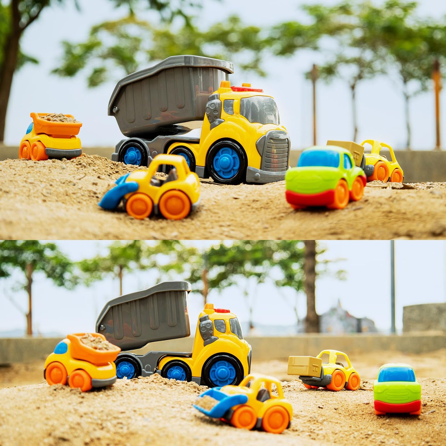 P&C 7.6" Toddler Construction Dump Truck Toys for Ages 2-4, Beach Sand Outdoor Toys Dump Truck Set with Sounds and Lights for Kids 18M+, 2, 3, 4, Ideal Birthday Christmas Gifts for Boys Girls