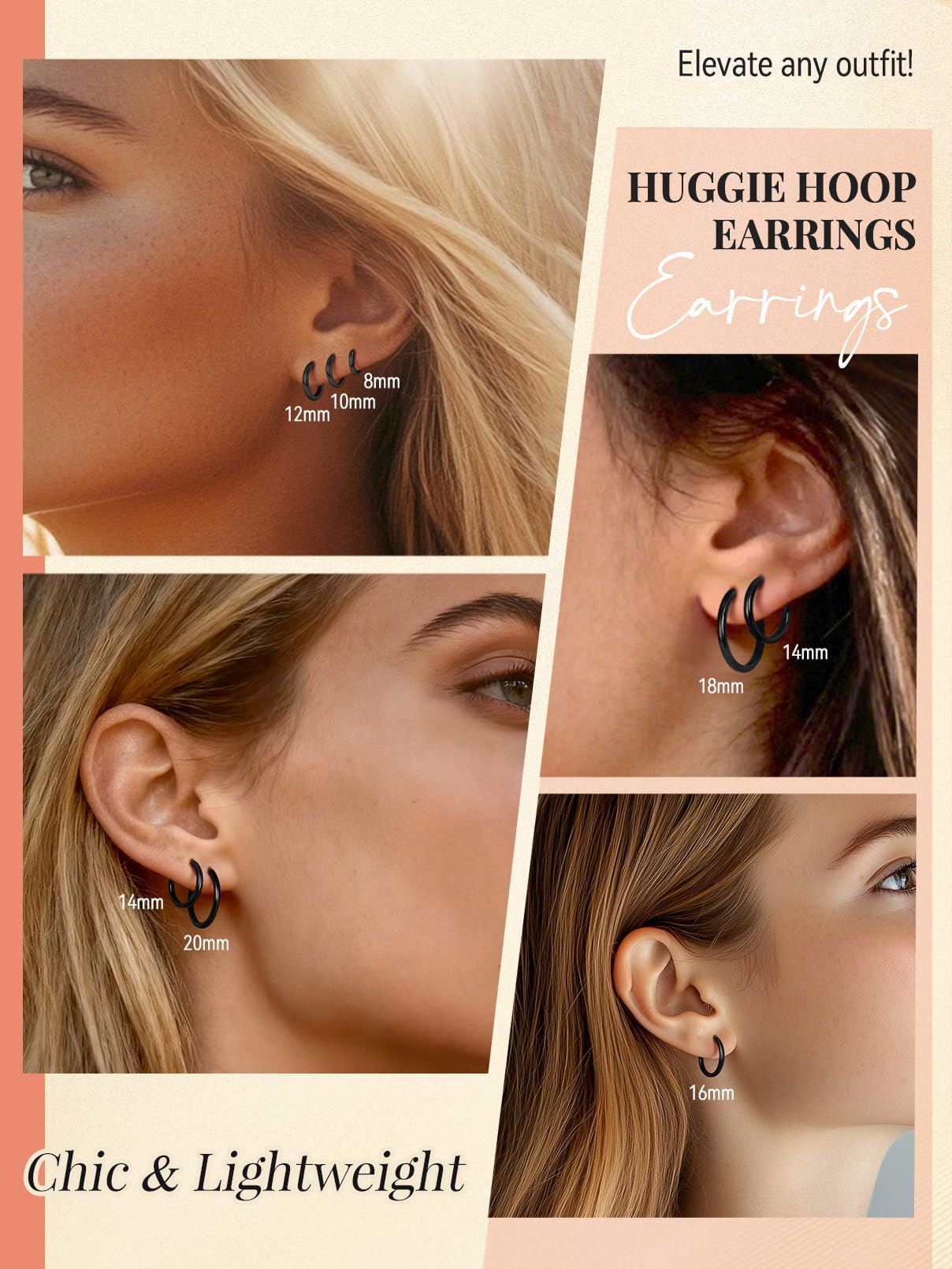 FaithHeart Hoop Earrings for Women, Black Hypoallergenic Huggie Hoop Earrings, Small Cartilage Earrings for Women 8mm, Send Gift Box