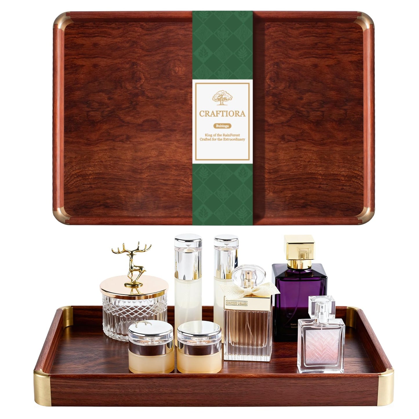 Bubinga Wood Serving Tray, 14.5"x9.8" Decorative Tray with Brass Corners, Luxury Home Decor for Coffee Table, Kitchen & Living Room, Housewarming Gifts for New Home, Wedding & Bridal Shower Gift