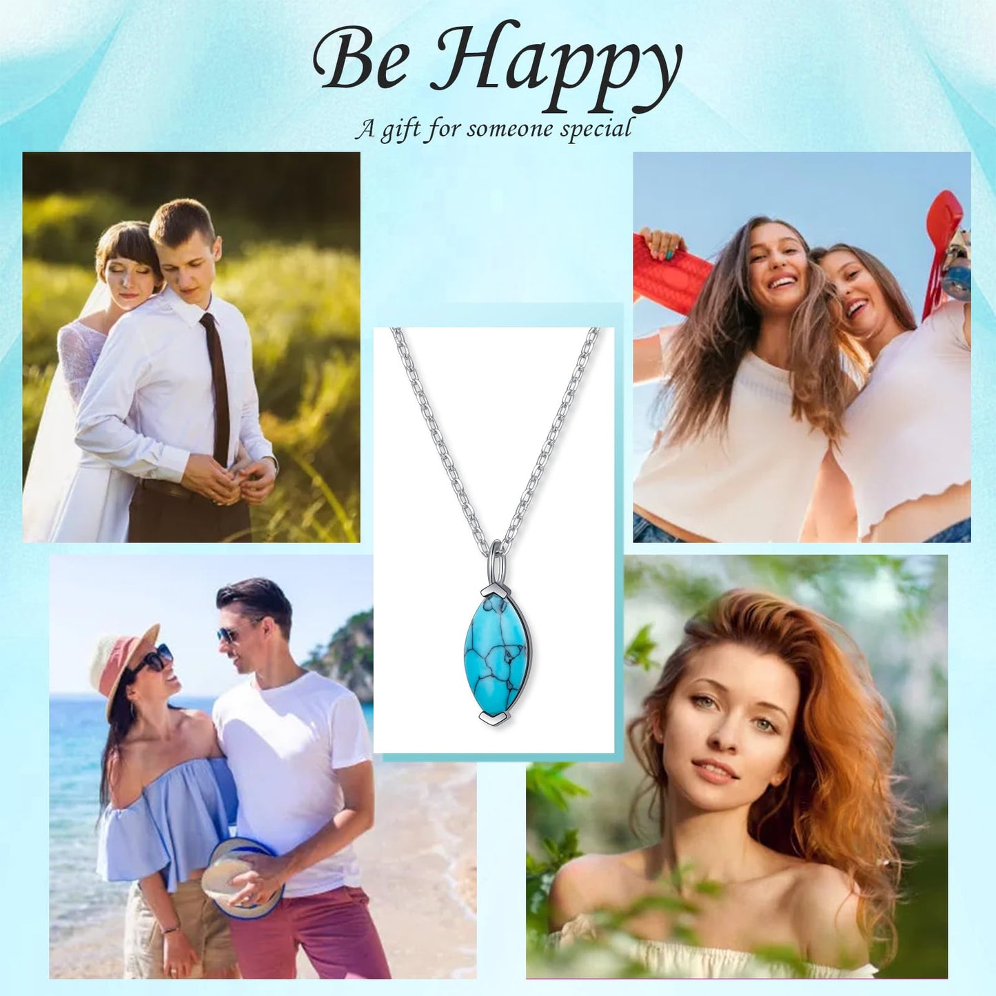 FLYOW Dainty Marquise Necklace 925 Sterling Silver Solitaire Turquoise Pendant Jewelry for Women Birthday Gifts (Turquoise Marquise)