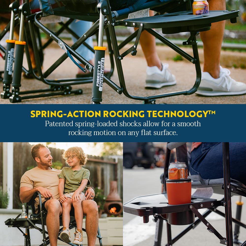 GCI OUTDOOR Freestyle Rocker with Side Table Camping Chair | Portable Folding Rocking Chair with Solid, Durable Armrests, Drink Holder & Comfortable Backrest — Heathered Indigo