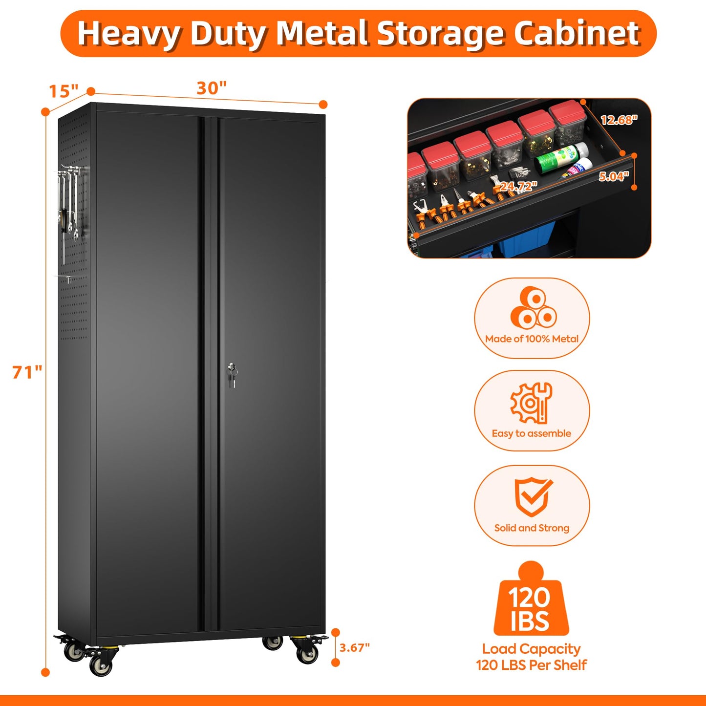 Metal Garage Storage Cabinet with Wheels and Doors,71" H Rolling Tool Cabinet with Pegboard and Drawer for Garage Warehouse Home,Required Assembly,Black
