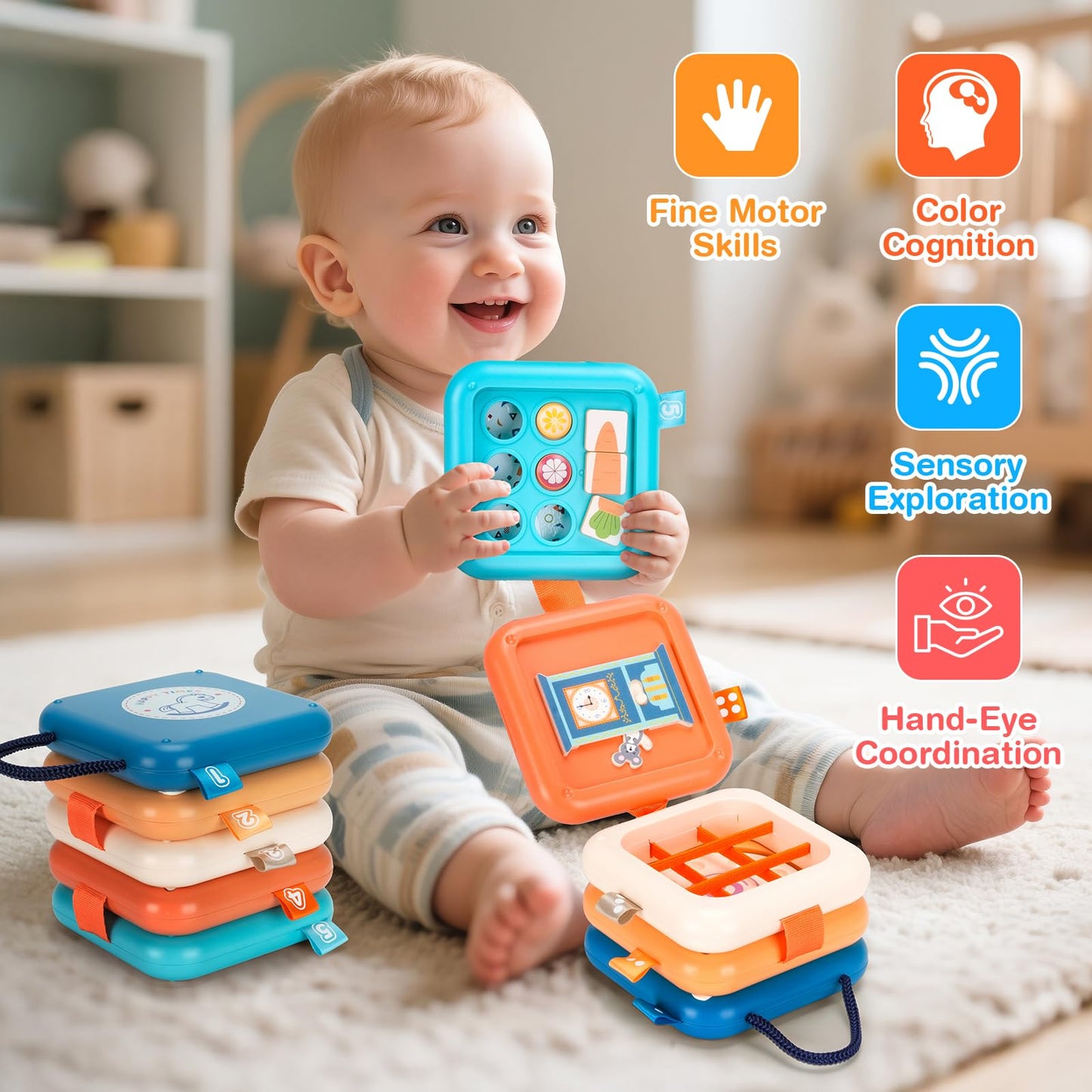 Flwedora Busy Board Toys for 1 Year Old Toddlers, Montessori Sensory Travel Toys for Airplane Car, Baby Learning Toy Gift for 1 Year Old Boy Girl & Activity Cube (Easter Stocking Stuffer, Birthday)