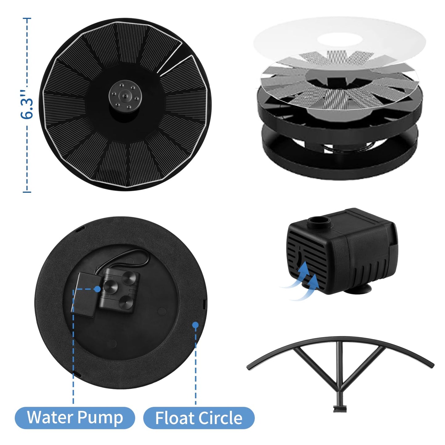 Pleneal 2W Solar Fountain Pump - Upgraded Solar Fountain for Bird Bath with 6 Nozzles, Outdoor solar Water Pump for Garden, Pond, Pool