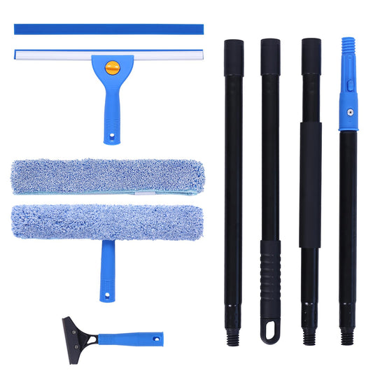 3-in-1 Professional Window Squeegee Kit with 2 Squeegee, 2 Microfiber Scrubber, 1 Razor Scraper, Thick Iron, 63.4" Window Squeegee with Extension Pole for Car, Glass, Mirror, Wall, Bathroom, Home, Van
