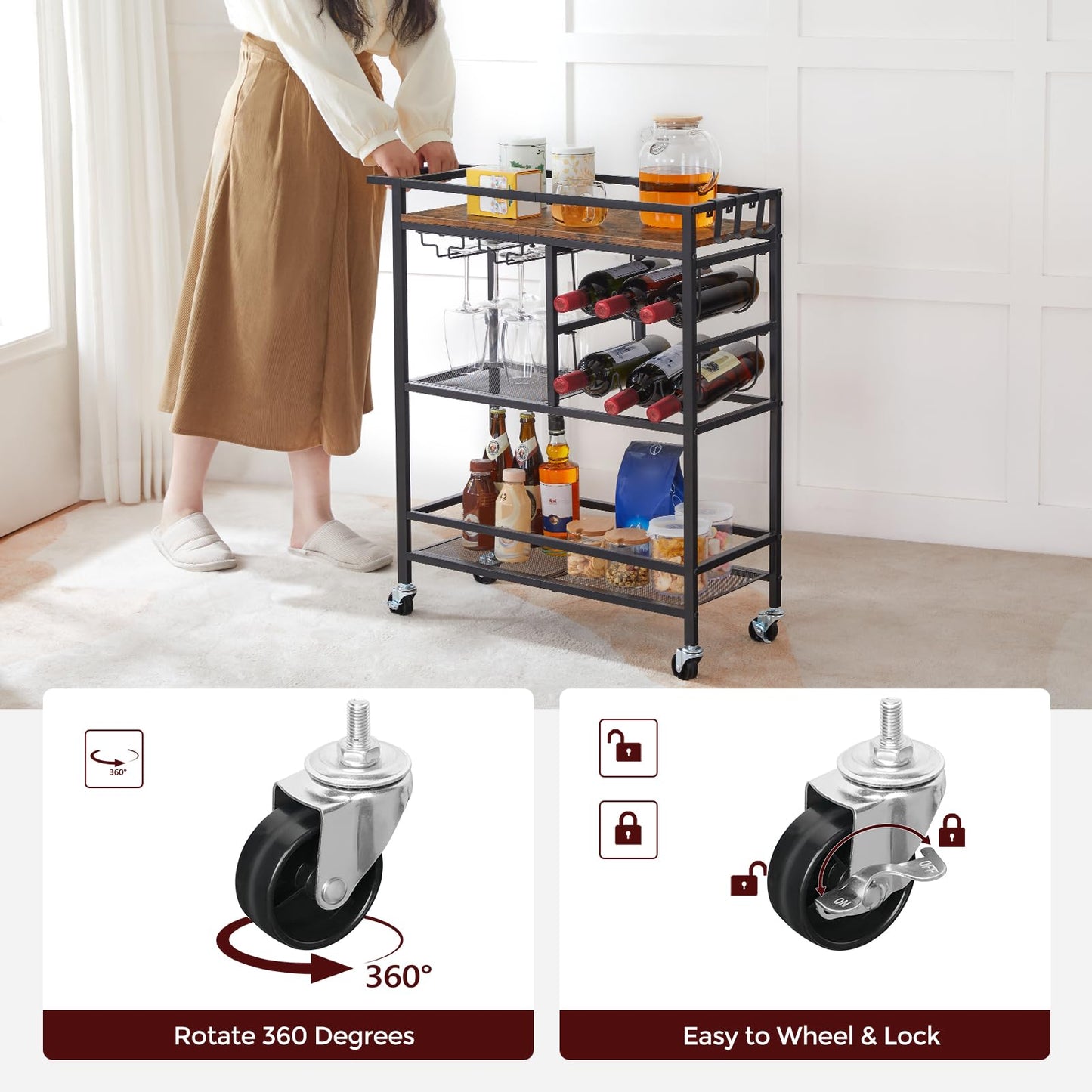 MAHANCRIS Bar Cart for Home and Bakers Rack with Power Outlet Bundle, Microwave Stand, RCHR6101-BRHR36E01