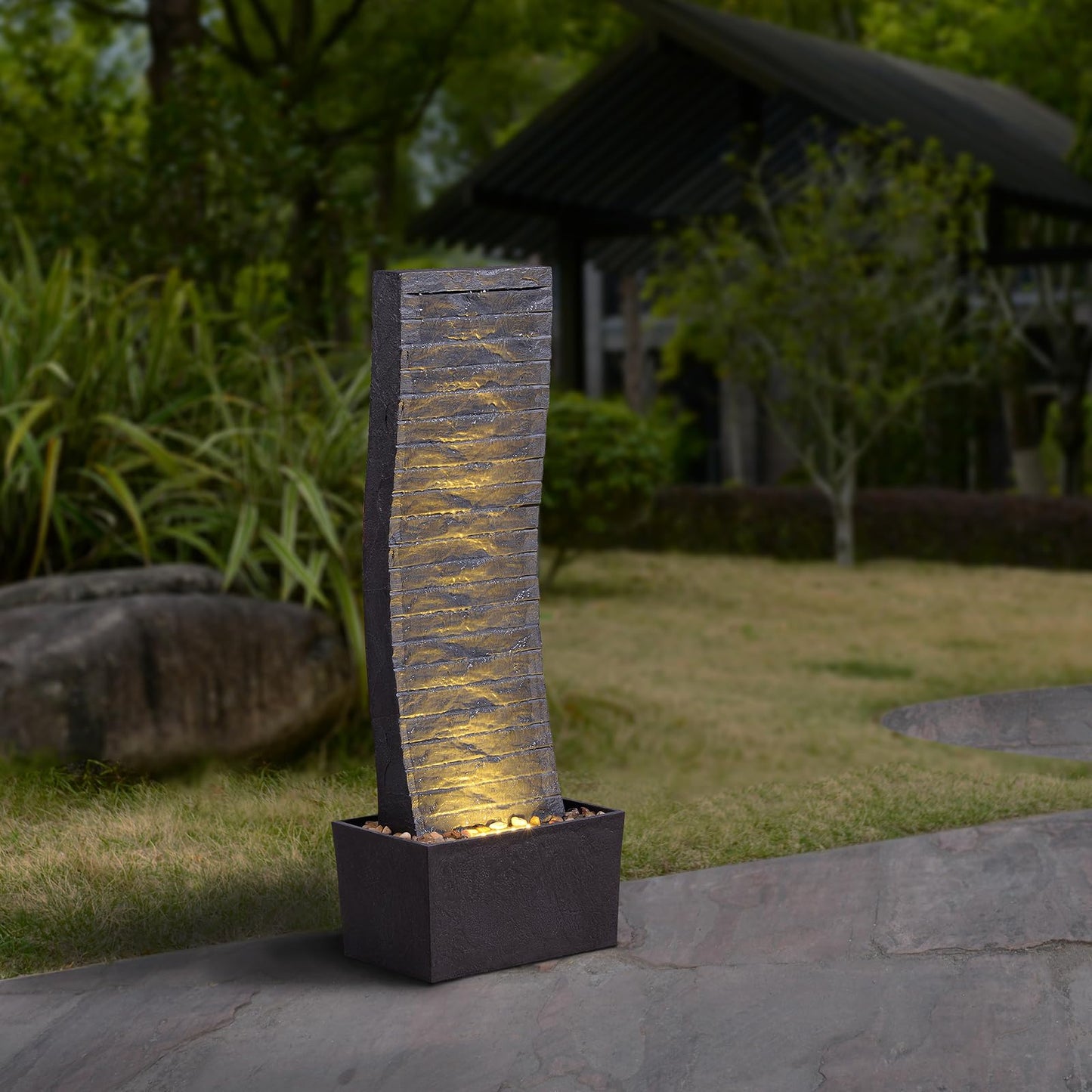 MSEONWXI Curved Outdoor Waterfall Fountain, 36.2" Elegant Outdoor Water Fountain with LED Lights for Patio, Garden, Backyard, Modern Large Relaxing Water Feature (24382)