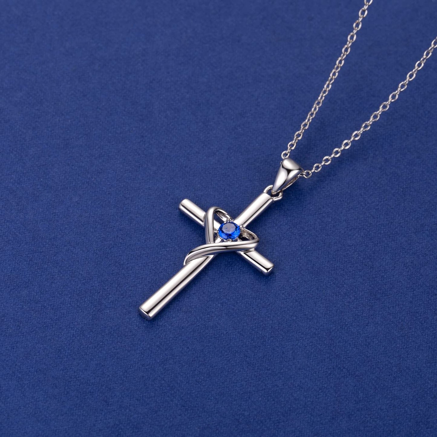 AmorAime 925 Sterling Silver Cross Necklace for Women Men 14K Gold Plated 5A CZ Birthstone Necklaces for Holiday (C.Blue-March)