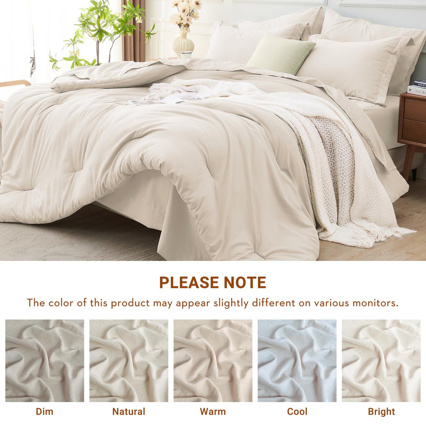 MUXHOMO 7 Pieces Queen Comforter Set, Soft Bed in a Bag Queen Size, All Season Bedding Set with Comforter, Flat Sheet, Fitted Sheet, Pillowcases & Shams, Beige