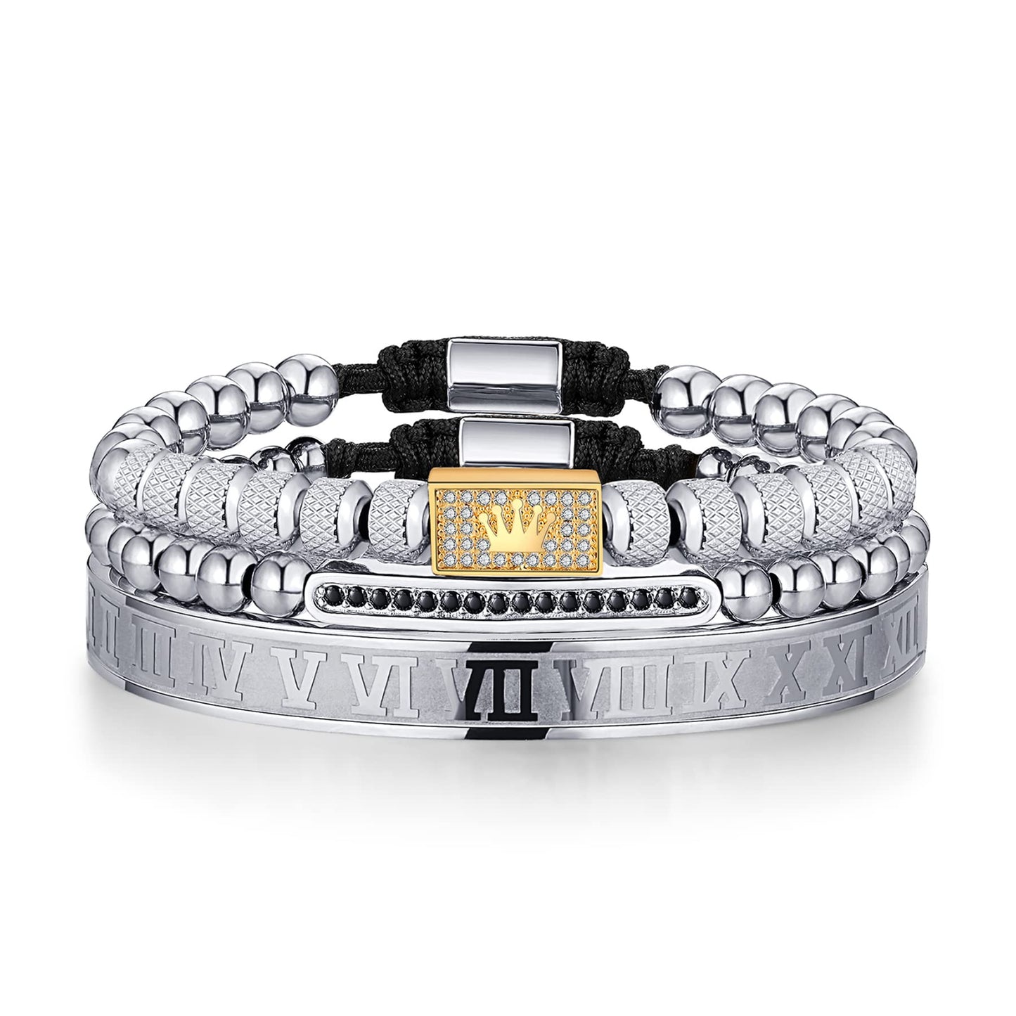 WFYOU 3PCS Stainless Steel Bracelets for Men Gold Roman Numeral Bangle Bracelet Twisted Cable Bracelet Adjustable Cuff Bracelet Mens Luxury Jewelry Bracelets Gifts(H:Gold&Silver)