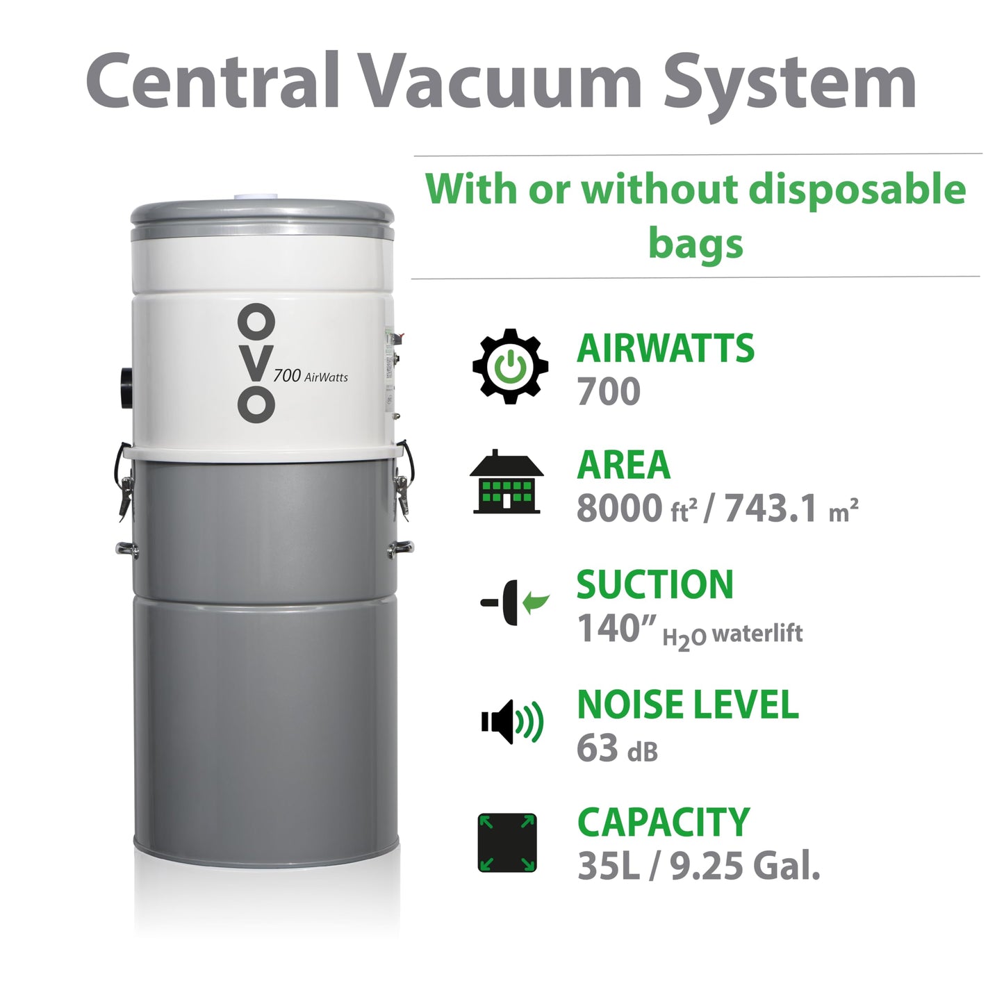 OVO Heavy Duty Powerful Central Vacuum System, Hybrid Filtration (with or Without Disposable Bags) 35L or 9.25Gal, 700 Airwatts with 35ft Carpet Deluxe Accessory Kit Included