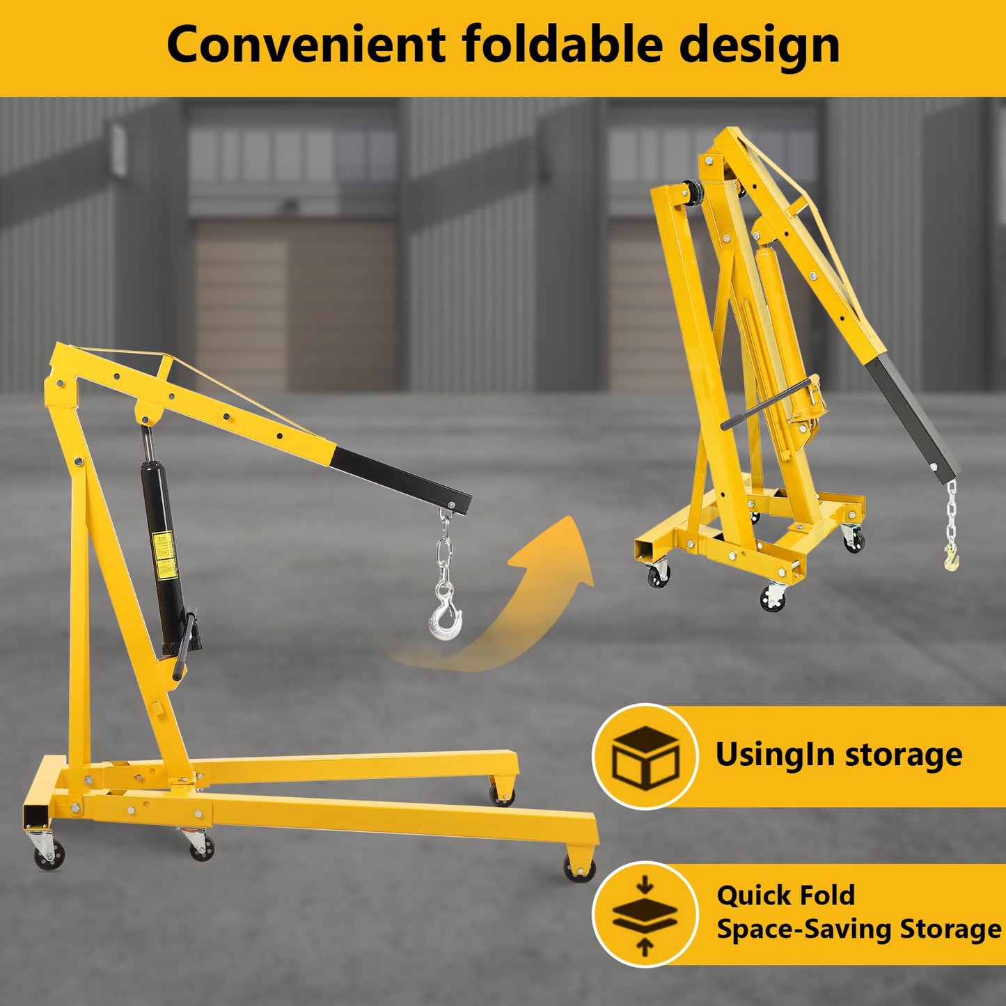 ExploreHorizon 2 Ton Hydraulic Engine Hoist, Heavy Duty Shop Crane with 6 Swivel Casters & Adjustable Cherry Picker Boom, Hydraulic Pump Hoist for Garage Workshop Truck SUV Engines, Yellow