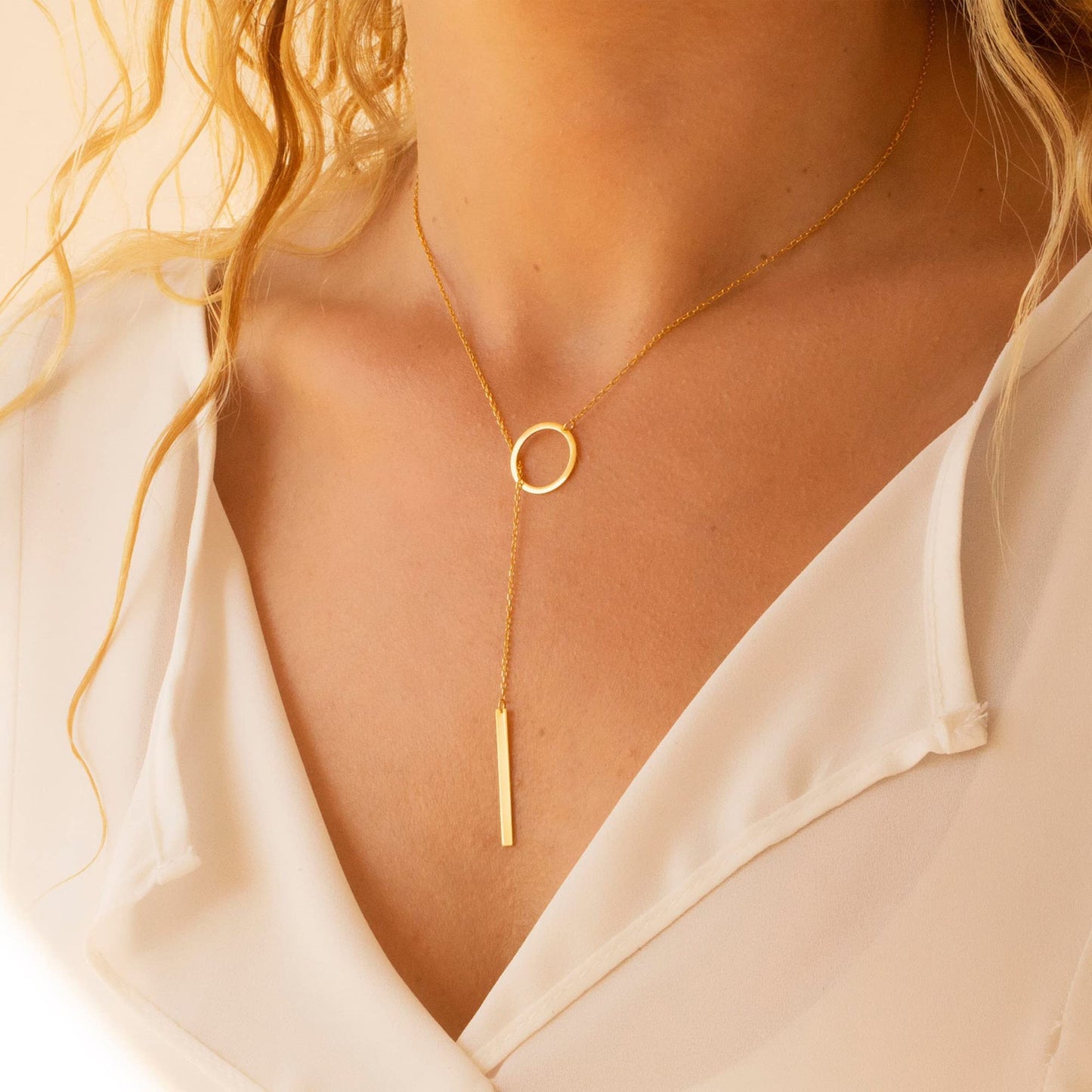 Tewiky Circle Bar Necklace for Women, Dainty Gold Lariat Necklace 14k Gold Drop Y Necklace Simple Gold Necklaces for Women Trendy Delicate Gold Necklaces Aesthetic Jewelry for Women