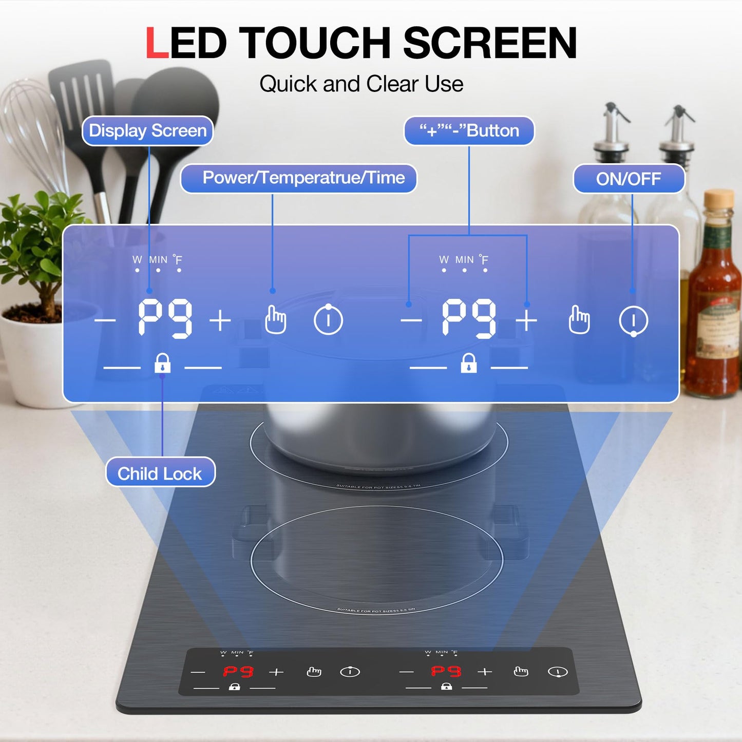 Double Induction Cooktop 110v-120v, GTKZW 2300W Electric Cooktop 20 inch Hot Plate Electric Stove Top with Plug in, Built-in and Countertop, 9 Power Levels, Timer & Safety Lock