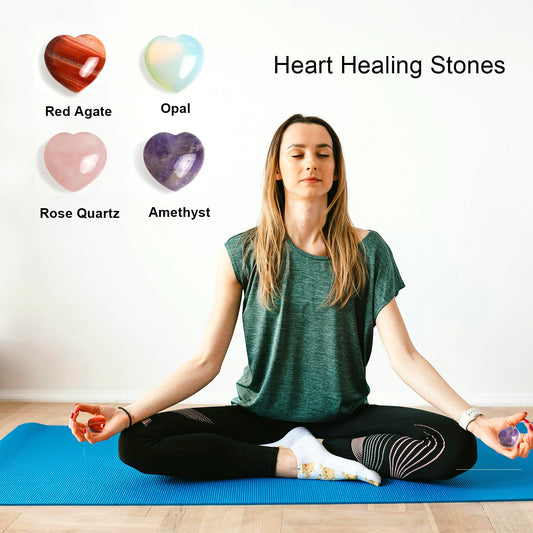 4Pcs Healing Crystals and Heart Stones, Amethyst Rose Quartz Opal Agate Crystal Set Bulk, Polished Love Worry Stones Palm Pocket Stone Reiki Meditation 1.2" Pink Heart Anxiety Relief Gifts for Women
