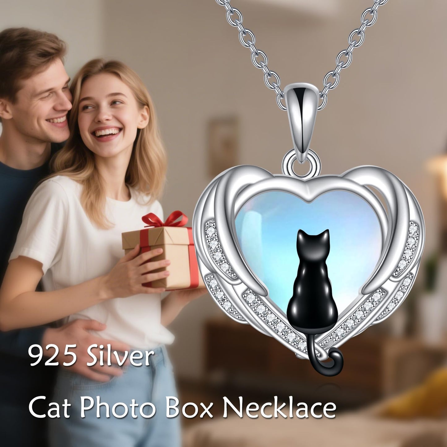 POPLYKE Moonstone Black Cat Pendant Necklace for Women Sterling Silver Cat Necklace Moonstone Jewelry Gifts