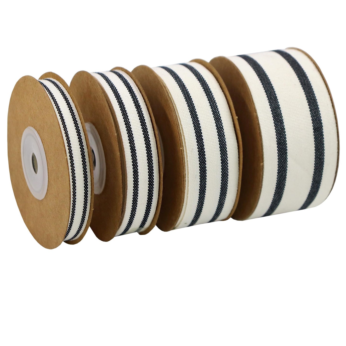 YERELO 10Yard x 4Roll Set Cotton Stripe Ribbon Black and White Stripe Ribbons for Christmas Tree Crafts,Wedding Wreath,Gift Wrapping,Decoration and DIY Handmade Hair Bows