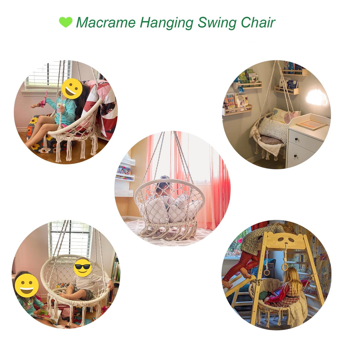 Mertonzo Hammock Swing Chair for 2-5 Years Old Kids,Handmade Knitted Macrame Hanging Swing Chair for Indoor,Bedroom,Yard,Garden- 230 Pound Capacity Off-White- with Suspension Kit