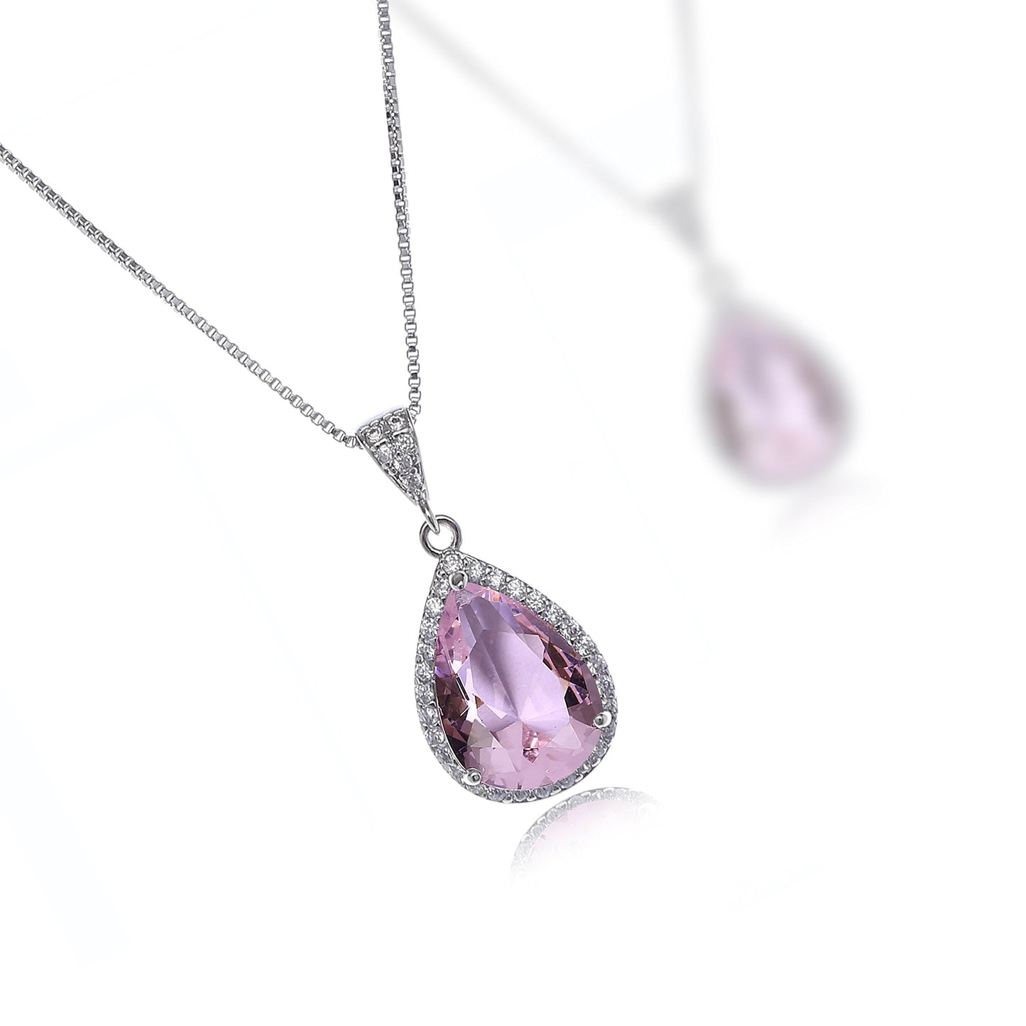 AMYJANE Wedding Jewelry Set for Bridesmaids - Women's Elegant Sterling Silver Pink Teardrop Crystal Cubic Zirconia Rhinestone CZ Necklace Set Bridal Party Prom Jewelry Sets