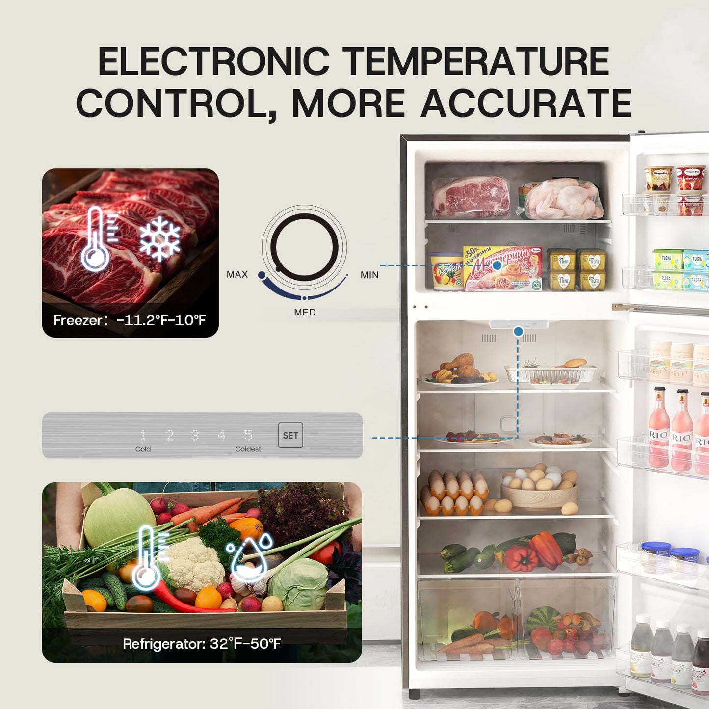 Upstreman 14.6 Cu.Ft. Refrigerator with Top Freezer, 2 Door Fridge with Electronic Thermostat, ENERGY STAR, Low Noise, Frost Free Top Freezer Refrigerator, Reversible Door, Stainless Steel-BD146