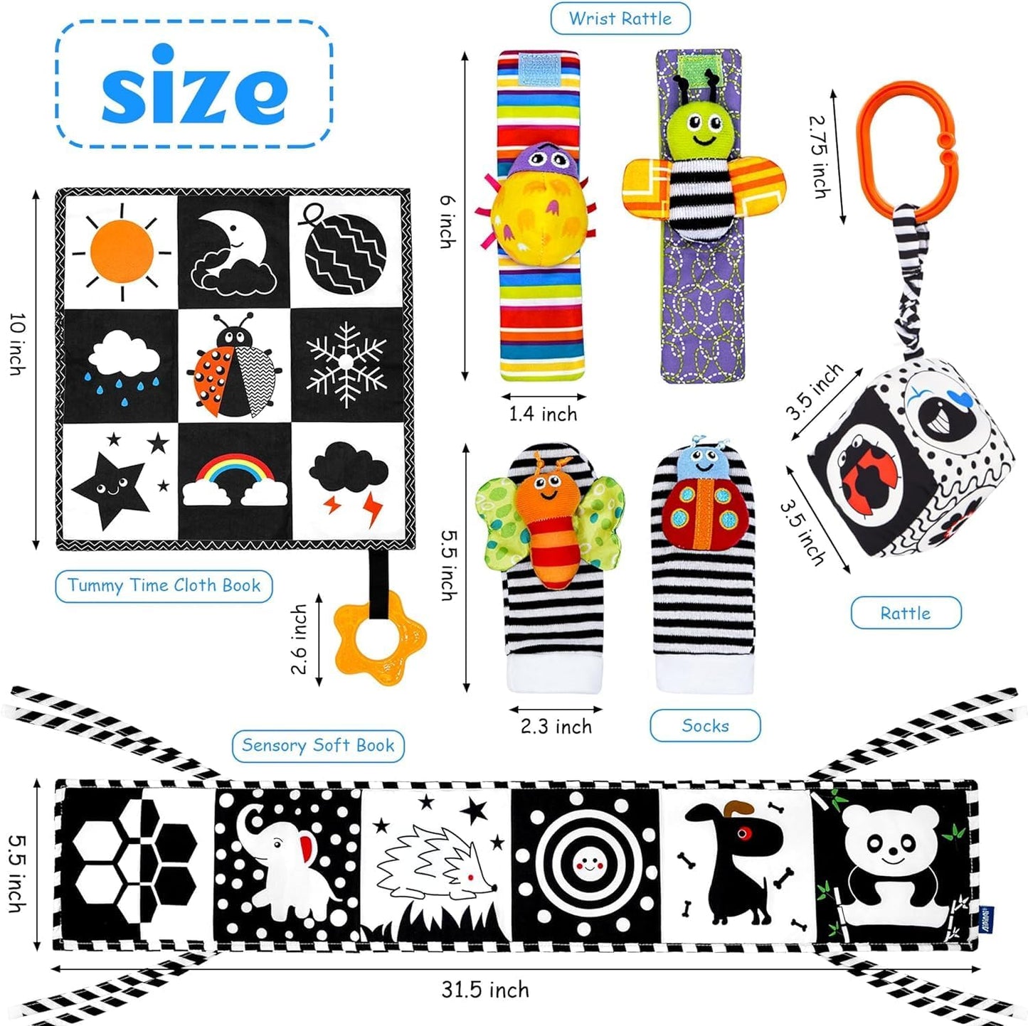 FELSOOGRE 7 Pcs Black and White High Contrast Baby Toys for Newborn, Tummy Time Toys Montessori Toy for Babies 0-6 Months, Sensory Newborn Infant Toy Soft Book for 0-3 3-6 6-12 Months Boys Girls